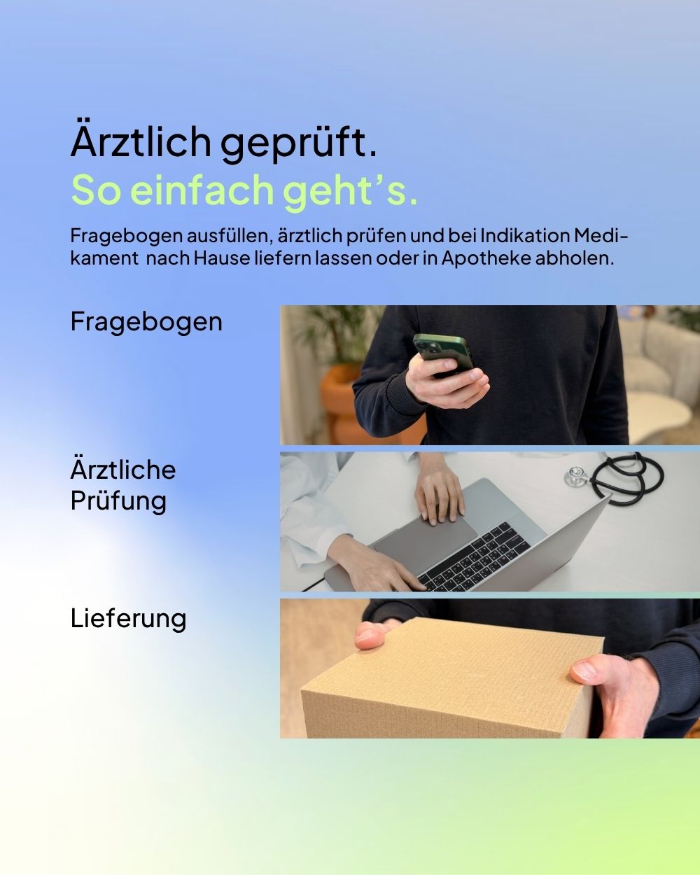 Eine Infografik mit dem Titel „So einfach geht’s“, die den dreistufigen Prozess erklärt: 1. Fragebogen am Smartphone ausfüllen, 2. Ärztliche Prüfung durch medizinisches Personal, 3. Diskrete Lieferung des Medikaments oder Abholung in der Apotheke. Jedes Stadium wird durch ein passendes Foto veranschaulicht.