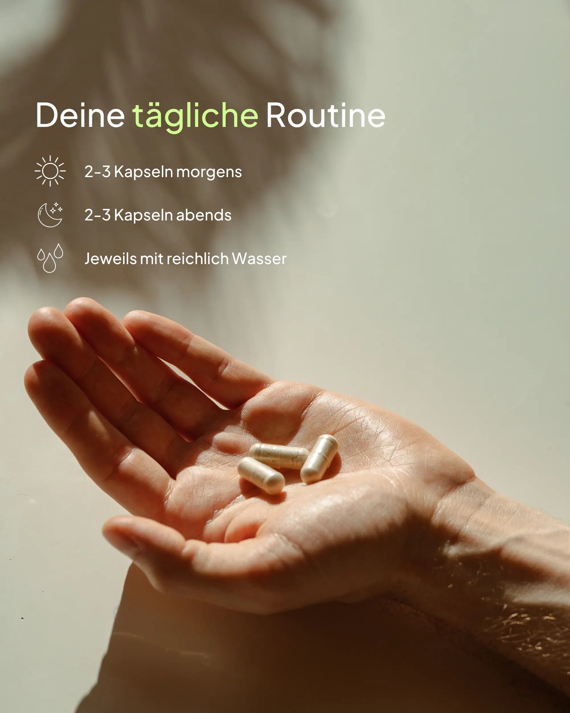 Bild zur Einnahmeempfehlung für „Gut Feeling“ von Every Health. Eine Hand hält drei Kapseln im Licht. Der Text daneben beschreibt die Routine: 2–3 Kapseln morgens und abends, jeweils mit reichlich Wasser einzunehmen.