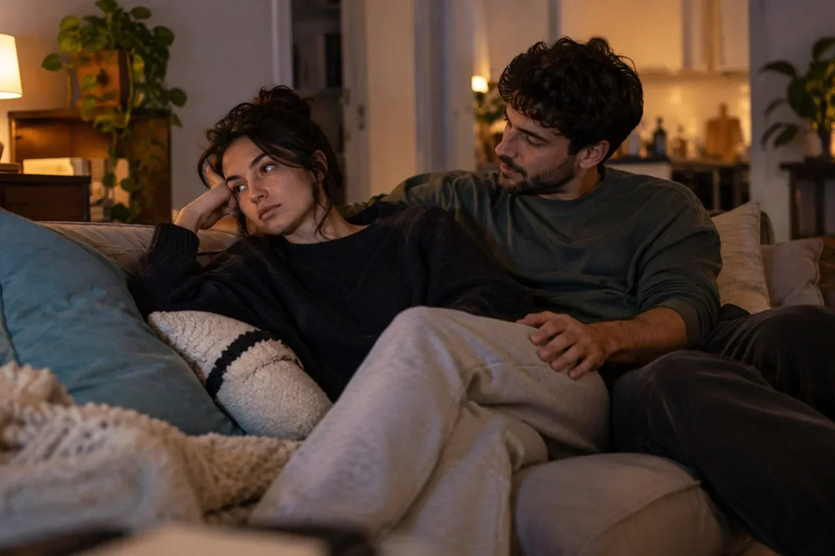 Eine nachdenkliche Frau sitzt auf dem Sofa und stützt entfremdet den Kopf auf, während ihr Partner besorgt ihre Hand berührt – Symbolbild für Libidoverlust und Distanz in einer Beziehung.