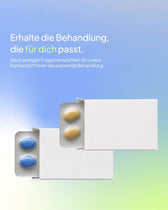 Infografik mit dem Text „Erhalte die Behandlung, die für dich passt“. Gezeigt werden zwei neutrale weiße Medikamentenschachteln mit blauen und gelben Pillen. Der Text verspricht eine ärztliche Empfehlung der passenden Behandlung nach der Beantwortung weniger Fragen.