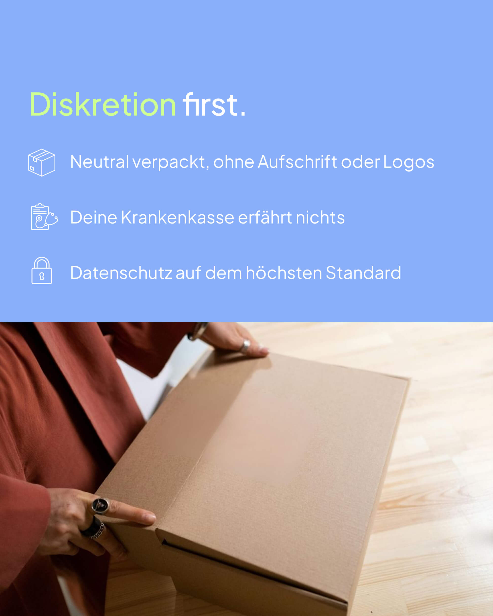 Diskreter Versand des STI-Testkits von Every Health: Eine Person hält ein neutrales Paket ohne Logos oder Aufschrift. Der Text betont Datenschutz, Anonymität gegenüber der Krankenkasse und neutrale Verpackung.