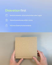 nfografik mit der Überschrift „Diskretion first“. Sie nennt drei Vorteile: neutrale Verpackung ohne Logos, kein Datenaustausch mit der Krankenkasse und höchste Datenschutzstandards. Darunter zeigt ein Foto Hände, die ein anonymes braunes Paket halten.