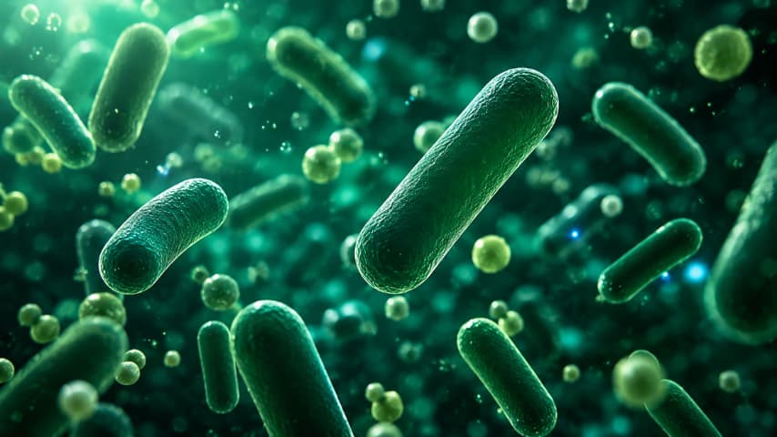 Eine dreidimensionale, mikroskopische Visualisierung von grünen, stäbchenförmigen Bakterienkulturen, die im Raum schweben. Es stellt den im Produkt „Gut Feeling“ von Every Health enthaltenen Bakterienstamm Bifidobacterium lactis HN019 dar.