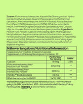 An ingredient and nutritional label in German and English on a bright green background. The top text lists ingredients like psyllium husk, marine calcium, fennel seed, baobab acacia, and *Bifidobacterium lactis*. A nutrition table for a 6-capsule serving lists Calcium (184mg, 23% NRV), Psyllium Husk Powder (3000mg), Fennel Seed Powder (200mg), INAVEA™ Baobab Acacia (60mg), and *Bifidobacterium lactis* ($3 \times 10^9$ CFU).