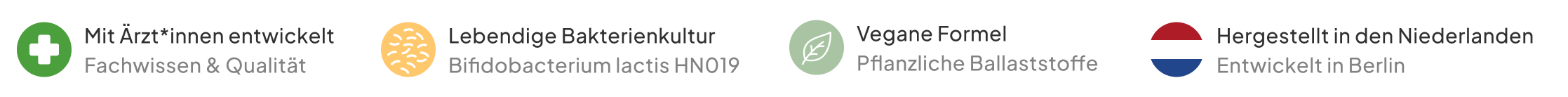 Infografik-Leiste mit vier Qualitätsmerkmalen: 1. Mit Ärzt*innen entwickelt (Plus-Symbol), 2. Lebendige Bakterienkultur Bifidobacterium lactis HN019 (Bakterien-Symbol), 3. Vegane Formel mit pflanzlichen Ballaststoffen (Blatt-Symbol), 4. Hergestellt in den Niederlanden, entwickelt in Berlin (Niederlande-Flagge).