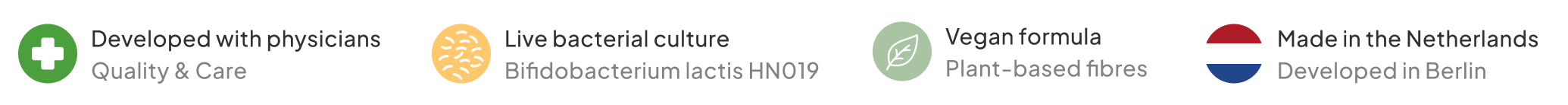 Infographic showcasing four quality features: First, a plus symbol indicating it was developed with doctors. Second, a bacteria symbol representing the live bacterial culture Bifidobacterium lactis HN019. Third, a leaf symbol highlighting a vegan formula with plant-based dietary fiber. Fourth, a Dutch flag showing it was made in the Netherlands and developed in Berlin.